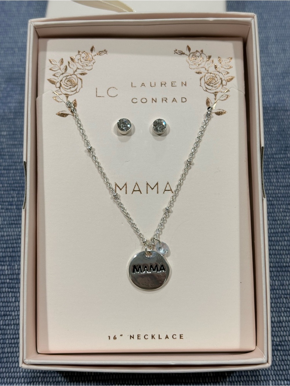 LC Lauren Conrad Silver 'MAMA' Pendant Necklace and Earring Boxed Gift Set